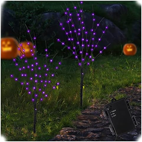 Lighted Halloween Tree Branches, 30IN 100LED Artificial Black Twig Branch with Purple Fairy Lights, Built-in Timer & Battery Operated, Waterproof for Indoor Outdoor Office Bedroom Party Decorations by LJLNION