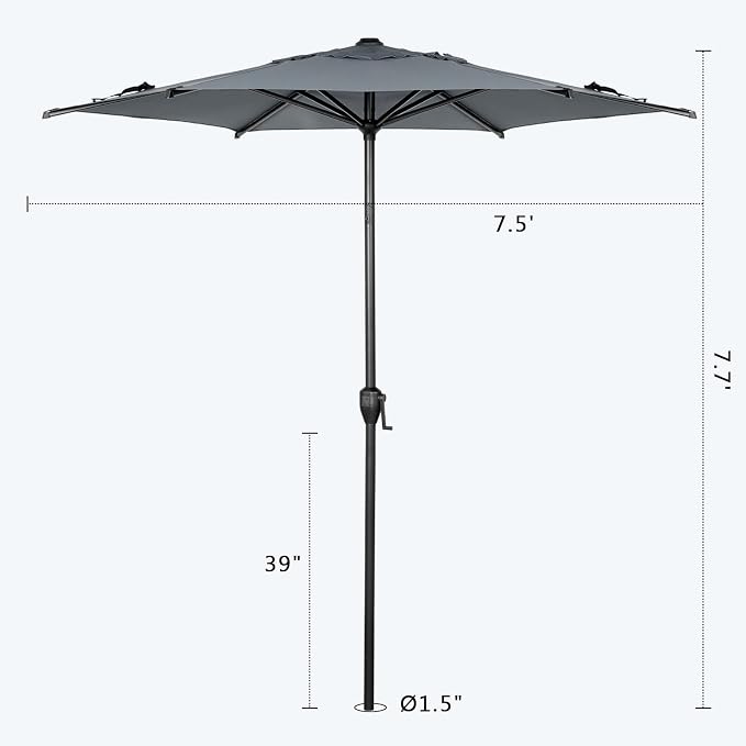 Abba Patio 7.5FT Lyon Outdoor Patio Umbrella Outdoor Table Umbrella with Push Button Tilt and Crank Market Umbrella 6 Sturdy Ribs UV Protection Waterproof for Garden Deck Backyard Pool Grey