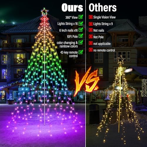 Lomotech RGB Color Changing Christmas Tree Lights - 10Ft 404 LED with 7.08" Topper, Remote Controll Waterproof Iron Pole Waterfall Holiday Tree Lights for Outdoor Christmas Decorations - Image 2
