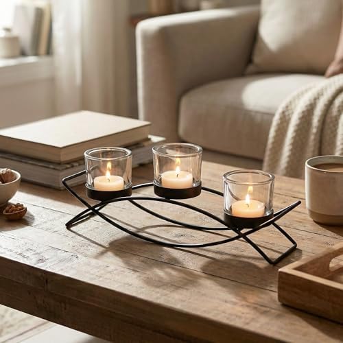 Seraphic Iron Arch Table Centerpiece Decorations Long Candle Holder for Weddings, Patio, Kitchen, Dining Room, and Coffee Tables, Black, Clear Chunky 3 Cups - Image 4