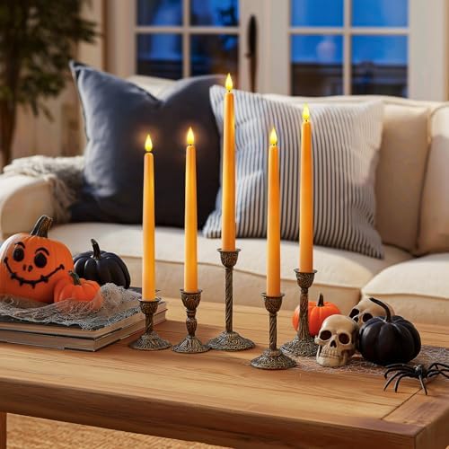 Homemory 12 Pcs Flameless Taper Candles with Remote Timer Dimmer, 11 inches Orange Taper Candles Battery Operated, Plastic LED Candlesticks with Flickering Flame for Halloween Decoration - Image 6