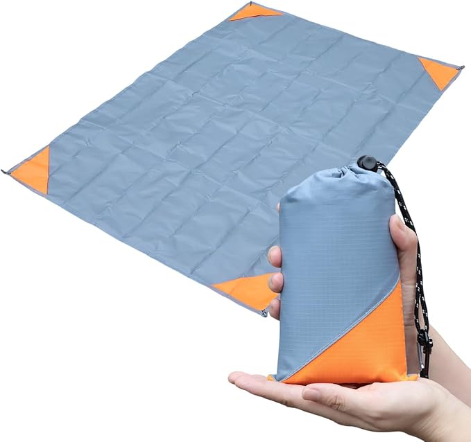Orga'Neat Pocket Picnic Blanket, Beach Mat Waterproof Sandproof, Compact Lightweight Small Tarp for Camping, Hiking, Backpacking, Festival, Travel, Foldable in Bags (Grey/Orange, 55"x79")