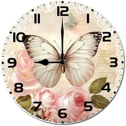 Butterfly Rose Flower Wooden Silent Non-Ticking 10 Inch Round Clocks Battery Operated Analog for Living Room Kitchen Bedroom Bathroom Office Home School Decor