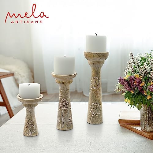 Mela Artisans Lotus Vine Mango Wood Candle Holders - Whitewash, Set of 3 - Image 6
