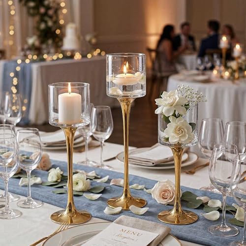 Royal Imports Glass Candleholder Flower Vase Set of 3, Gold - Image 3
