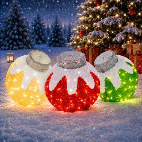 3 Pcs Outdoor Christmas Ornaments, Lighted Pop-Up Holiday Ball Decoration with 240 LED Lights, 8 Light Functions, Lighted Collapsible Christmas Outdoor Decorations for Yard, Patio, Home by TNGAN