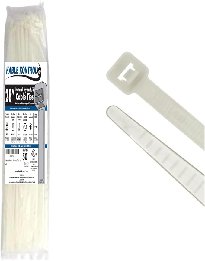 Kable Kontrol Heavy Duty Cable Zip Ties 50 Pcs 28 Inch, Natural White, 175 Lbs Tensile Strength, Self-locking Nylon Clear Plastic Wire Ties wraps for Indoor or Outdoor Use