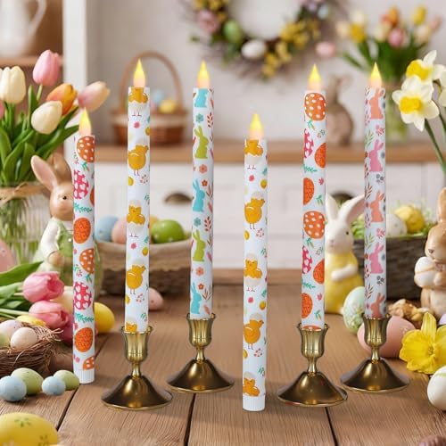 6Pcs Easter Taper Candles – 10.6" Battery Operated Flameless LED Candles with Bunny, Chick & Egg Patterns, Flickering Flame, Safe Spring Decor for Table Centerpiece, Party & Home Decor - Image 6