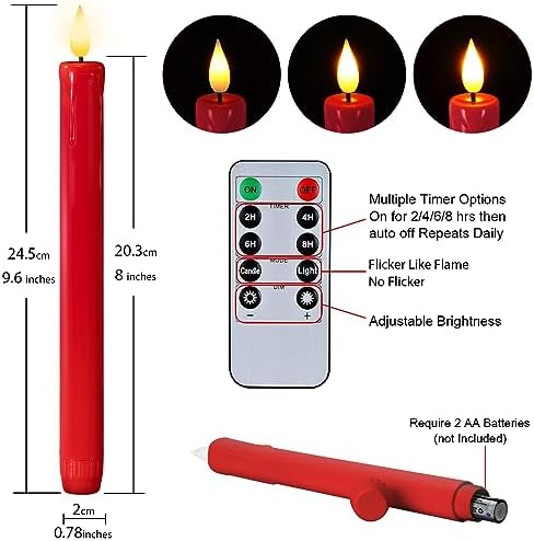 Homemory 6 Pcs Flameless Taper Candles with Remote Timer Dimmer, Red Battery Operated Candlesticks Flickering, Plastic Led Taper Candles Realistic, 9.6 Inches for Party Holiday Celebrations Christmas - Image 2