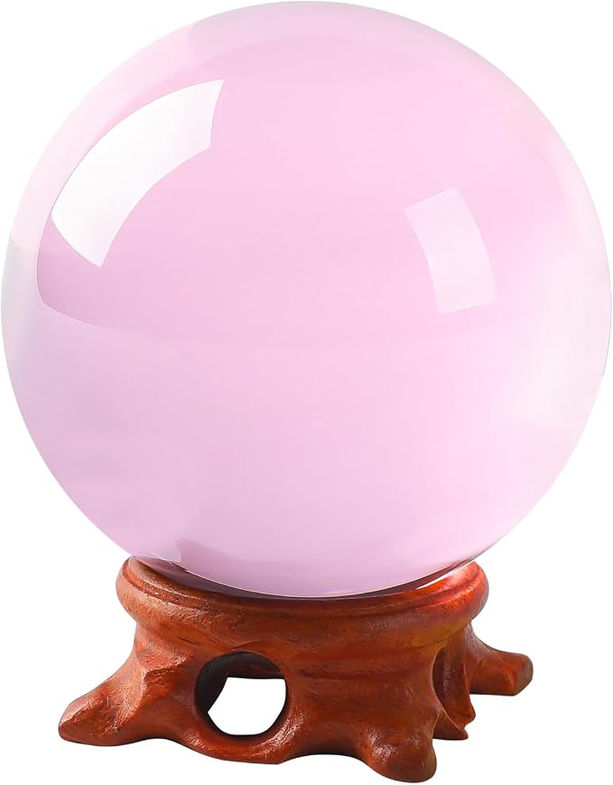 Pink Crystal Ball 100mm/3.9 inch with Rose Wooden Stand and Gift Box for lensball Photography,Fortune Teller,Feng Shui, Witchcraft Decor,Scrying,Magic,Large Quartz Crystal Orb Prop Glass Sphere