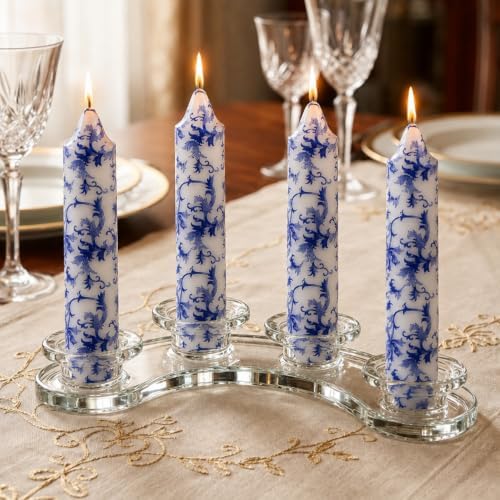 NJAO HOO Floral Taper Candles 7 Inch Short Candlesticks Hand Printed Blue and White Candlesticks Unscented Tapered Candle Set for Spring Home Garden Decor, 4Pcs by NJAOHOO