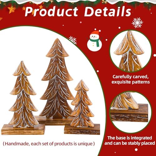 Cinnvoice 3 Set Handmade Carved Wooden Christmas Trees Tabletop Rustic - Image 3