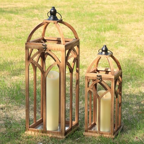 Large Farmhouse Wooden Lantern Decorative Indoor & Outdoor,30‘’/20‘’H Set of 2 Rustic Hanging Candle Lanterns, Wooden Outdoor Lanterns for Patio Front Porch Table, Natural Wood by DECORKEY
