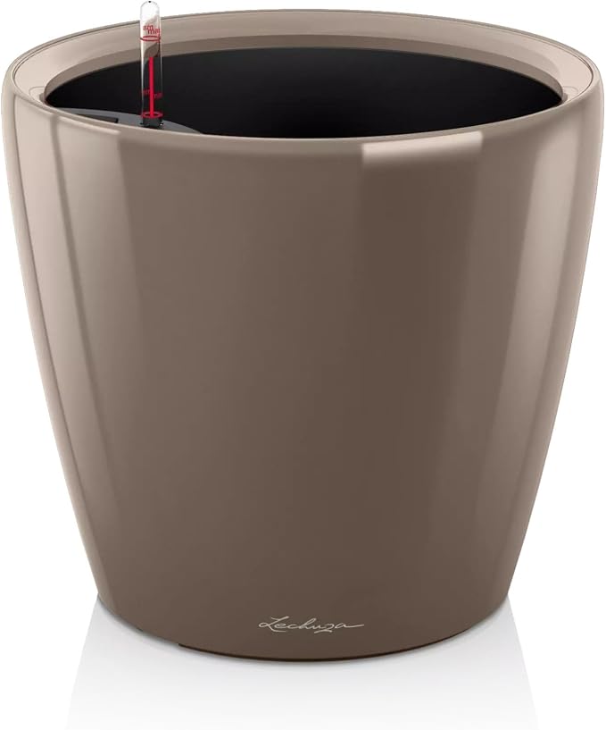 Lechuza Classico LS 28 Shiny Taupe High Gloss, Self-Watering Round Planter, D11 H10.2 in