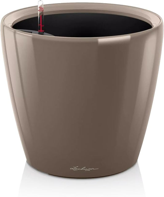 Lechuza Classico LS 28 Shiny Taupe High Gloss, Self-Watering Round Planter, D11 H10.2 in