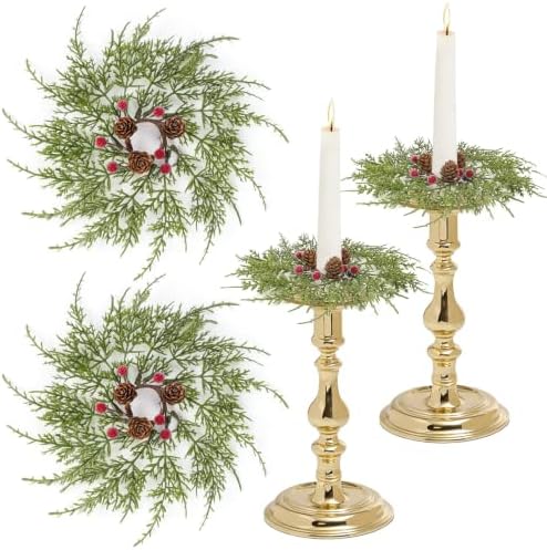 2 PCS Christmas Pine Taper Candle Rings Wreaths 1.38" Mini Norfolk Pine Taper Candle Holder Wreaths Candle Rings with Berry Pinecones for Xmas Holiday Church Home Table Centerpiece Candlesticks Decor by Unknown