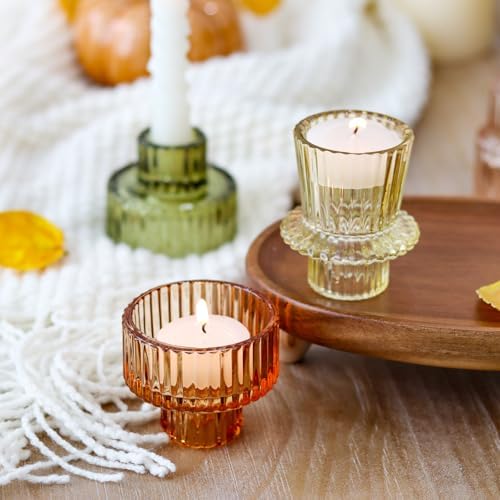 Brown Candlestick Holders 6PCS for Tealight Candle Stick Candles, Ribbed Glass Taper Candle Holders Set, Table Centerpieces for Thanksgiving Christmas Farmhouse Decor Indoor and Outdoor - Image 3