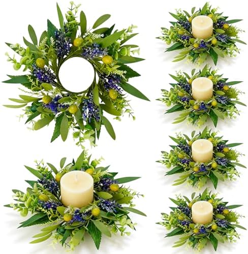 6 PCS Eucalyptus Olive Candle Rings Wreaths Spring Summer Greenery Kitchen Cabinet Wreaths Mini Green Boxwood Leaves Candle Wreath for Pillars Farmhouse Wedding Celebrations Tabletop Decoration by Unknown