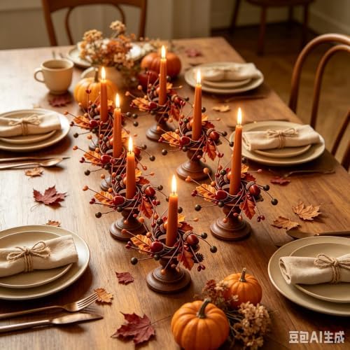 6 Pcs 1.38" Mini Fall Thanksgiving Taper Candle Rings Wreaths Small Artificial with Autumn Oak Leaves Acorns Berries Taper Candle Holder Wreath for Candlesticks Table Centerpieces Harvest Decor - Image 6