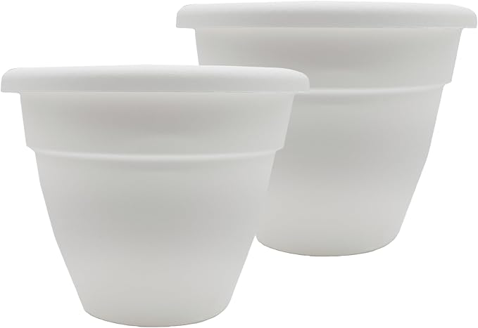 The HC Companies 14 Inch Caribbean Planter Pots with Drainage & Plug, Rolled Rim Plastic Planters for Indoor & Outdoor Plants, 2-Pack Decorative Flower Pots for Garden, Office & Home Decor, White