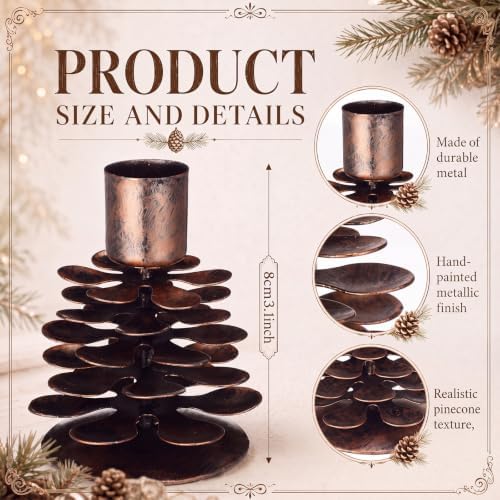 Yungyan 4 Pcs Christmas Pine Cone Taper Candle Holders 3.1 Inch Christmas Pinecone Candle Holder Metal Rustic Candlestick Holder Vintage Distressed Table Centerpiece for Xmas Holiday Farmhouse Decor - Image 2