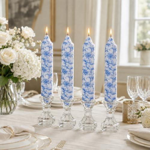 NJAO HOO Floral Taper Candles 7 Inch Short Candlesticks Hand Printed Blue and White Floral Candlesticks Unscented Tapered Candle Set for Spring Home Garden Decor, 4Pcs by NJAOHOO