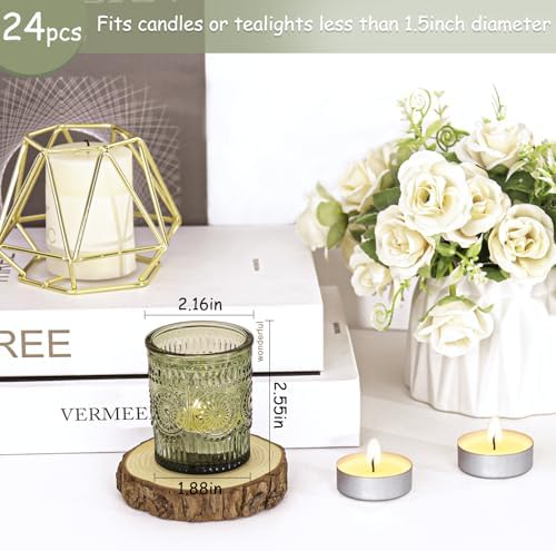 24 Pcs Green Glass Votive Candle Holders, Tealight Candle Holders for Table Centerpieces, Vintage Candle Holder Bulk, Boho Wedding, Home, Bridal Shower, Birthday Party Table Decor (Green) - Image 2