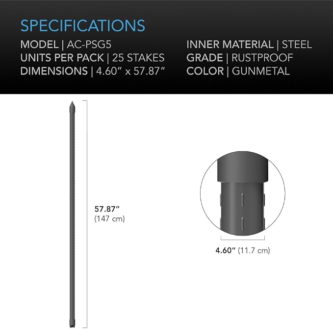 AC Infinity Garden Plant Stakes 60", Sturdy Metal Support Sticks with Protective Plastic Coating, 25-Pack for Tomatoes, Trees, and Vines in Gardening Hydroponics