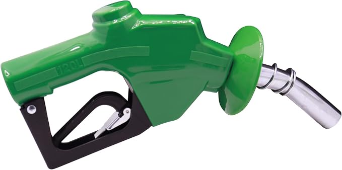 1" Inch NPT Fuel Nozzle Automatic Shut-Off Green Gas Pump Heavy Duty Nozzle with Fuel Hose Swivel & Splash Guard 19/16 Inches Spout (OD=30mm) Three Notch Hold Open Clip Used For Diesel Petrol