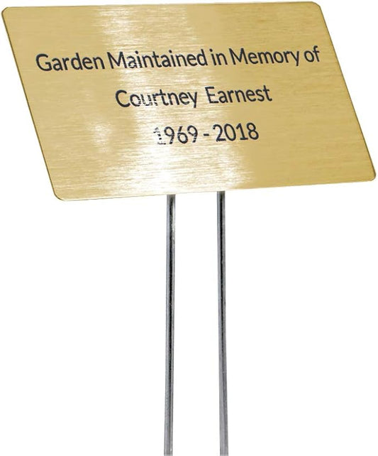 Outdoor Metal Garden Sign, Label, or Memorial. 4 x 2" or 6 x 4" sign with rounded corners and a 10" stake. Materials Include: Stainless Steel, Brass, Copper, Bronze and Titanium. (Brass, 4 x 2")