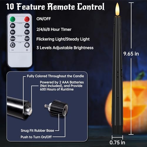 Stmarry Black Flameless Taper Candles with Remote and Timer - 9.65 Inch Real Wax LED Candlesticks - Wax Drip Battery Operated Halloween Taper Candles with 3D Flickering Flame Halloween Decor, 3 Pack - Image 6