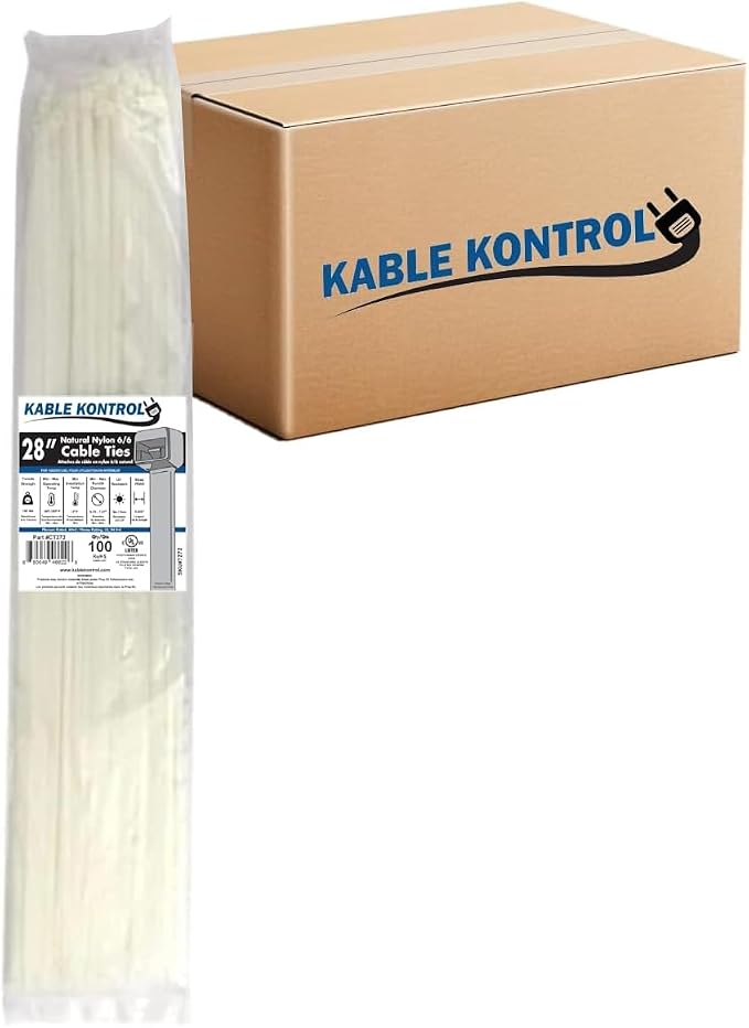 Kable Kontrol Cable Zip Ties Natural White 1,000 Pcs 28 Inch, 175 Lbs Tensile Strength, Bulk Pack, Self-locking Natural Nylon Clear Plastic Wire Ties wraps for Indoor or Outdoor Use