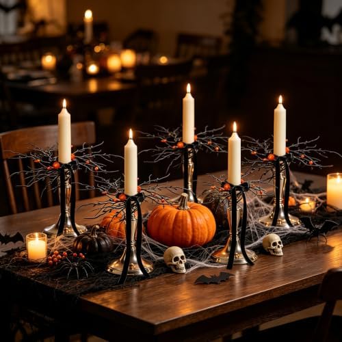 Halloween Candle Rings, Set of 6 Artificial Black Twig Wreath Candle Holder Rings with Orange Black Berries, Mini Twig Candle Rings for Taper Candles, Halloween Table Centerpiece Decor - Image 7