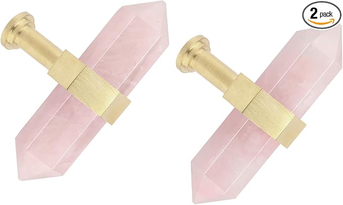 mookaitedecor Set of 2 Rose Quartz Double Crystal Points Drawer Knobs with Screws, Decorative Stone Cabinet Handle Pulls for Dresser Cupboard Kitchen Decor, Brushed Brass