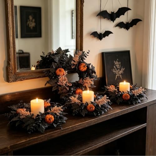 4 PCS Halloween Candle Rings Wreaths Artificial 3.5 Inch Black Maple Leaves Glitter Orange Pumpkin Candle Rings Mini Wreath for Pillar Candle Halloween Party Home Table Indoor Outdoor Decorations - Image 7