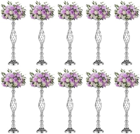NUPTIO Silver Centerpiece Stand for Table, Twist Style, 22.8" Tall, 10 Pcs by Nuptio