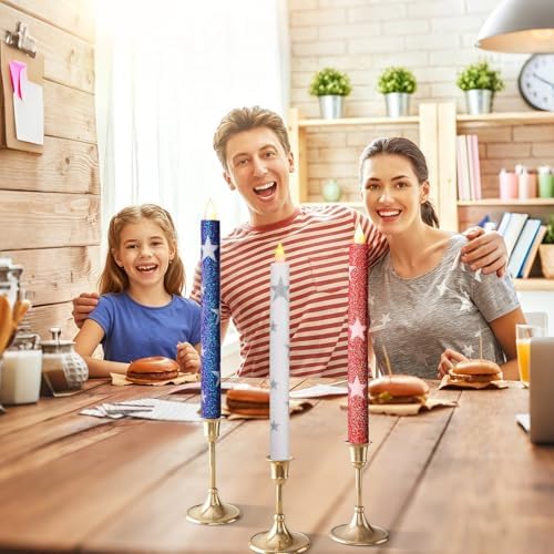 6 Pcs Patriotic Flameless Taper Candles, Glitter Red White and Blue Star Candles for 4th of July 250th Anniversary of Independence Day Home Party Decor, Battery Operated LED Candlesticks - Image 6