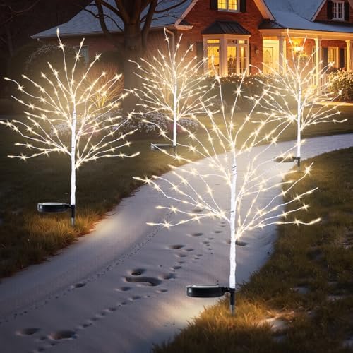 Solar Outdoor Christmas Decorations, 35INCH Fairy Light Brich Tree, Solar Christmas Decor for Outside, Yard, Garden, Pathway, Wterproof LED Warm White Lights, 8 Modes, Auto On/Off, 4PCS by Luiywan