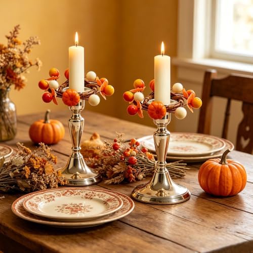4 PCS Fall Taper Candle Rings 1.38" Mini Artificial Pumpkin Berry Taper Candle Holder Wreaths Thanksgiving Harvest for Pillar Candles Candlesticks Table Centerpieces Rustic Autumn Farmhouse Home Decor - Image 2