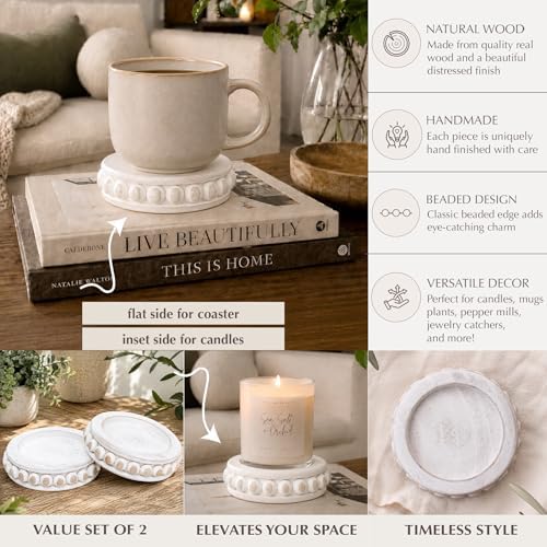 Felt Creative Home Goods Set of 2 Round Rustic Wood Beaded Risers - Sturdy 2-Sided Stackable Decor Pedestal Stands for Tiered Tray, Candle, Mug Display (Rustic White, 5 inch) - Image 3