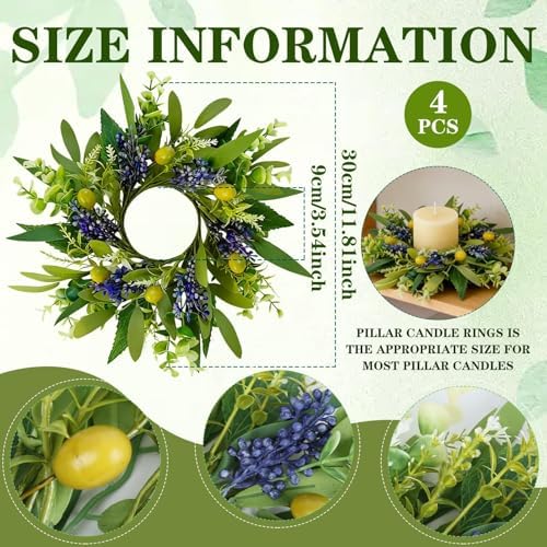 4 PCS Eucalyptus Olive Candle Rings Wreaths Spring Summer Greenery Kitchen Cabinet Wreaths Mini Green Boxwood Leaves Candle Wreath for Pillars Farmhouse Wedding Celebrations Tabletop Decoration - Image 3