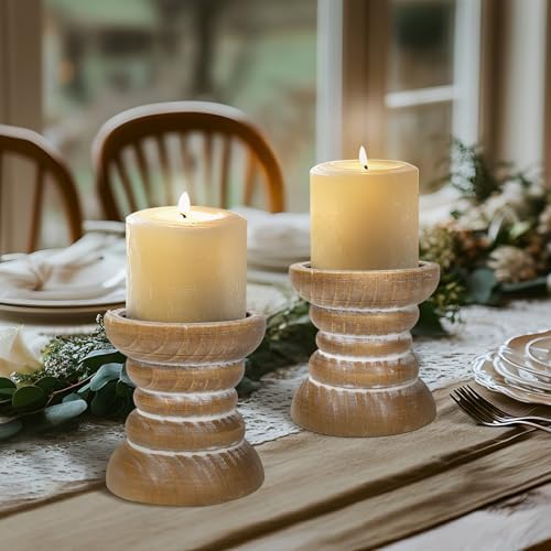 Candle Holder for Pillar Candle Set of 2, Farmhouse Wood Candle Holder, Rustic Wooden Candle Stand, Vintage Small Wooden Candlestick Holders for Living Room, Table Centerpiece, Brown - Image 4