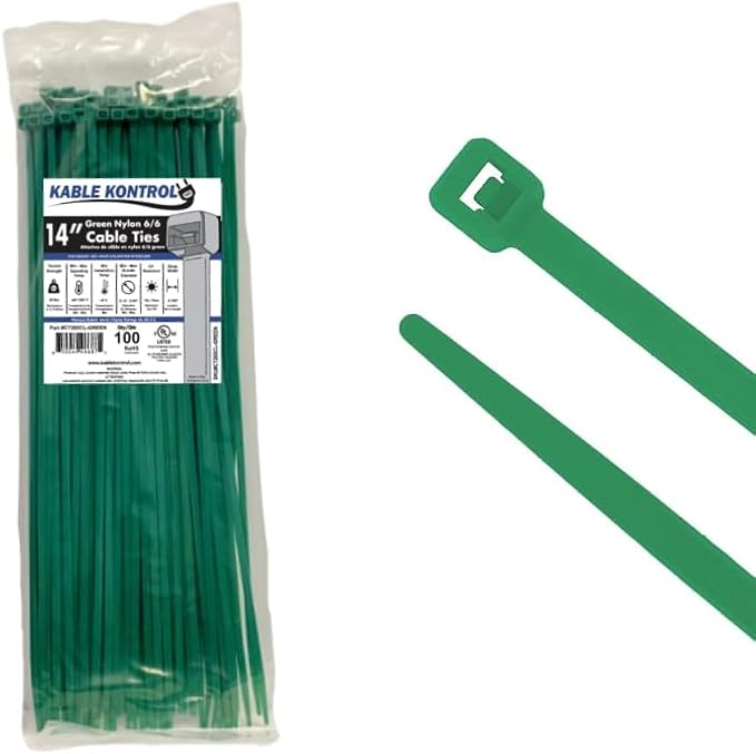 Kable Kontrol Green Zip Ties 14 Inch 100 Pcs, 50 Lbs Tensile Strength, Self-locking Nylon Colored Cable Ties Wire Wraps for Indoor or Outdoor Use