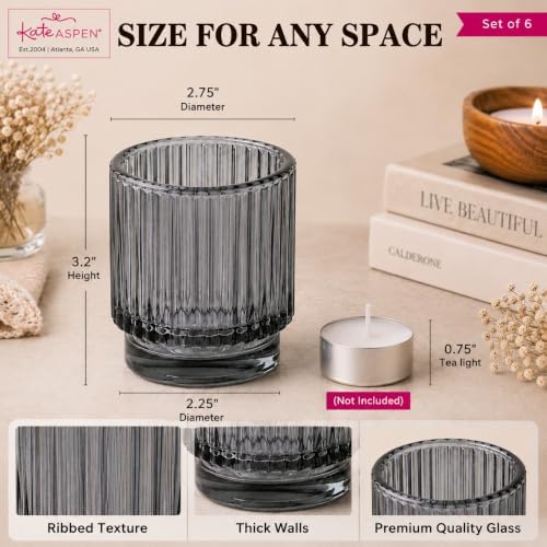 Kate Aspen Ribbed Glass Candle Holder Set - 6 Smoke Gray Tealight Holders for Home, Kitchen, Room or Living Room Decor - Vintage Tea Light Votive Accent for Table or Shelf Styling - Image 6