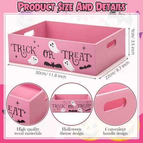 Leinuosen Halloween Candy Bowl Wooden 11.8 In Trick or Treat Pink - Image 2
