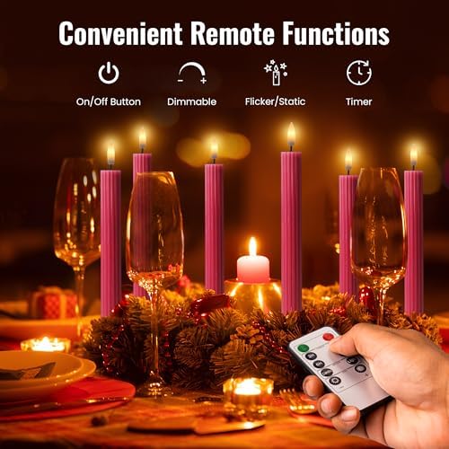 12 Pack, 10" LED Flameless Pink Fluted Ribbed Grooved Taper Candles with 2 Remotes & 24h Timer Memory, On/Off Button, Dimmable, Flicker Mode, Battery Operated, Christmas Menorah Wedding - Image 5