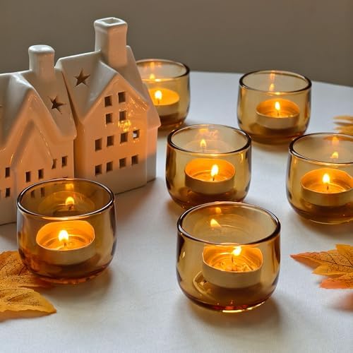 Gurfuy Glass Votive Candle Holders 6 Set - Tealight Candle Holder for Festival Wedding Propose Parties Holiday Table Centerpiece Shelf Decoration Fall Home Decor Amber - Image 5