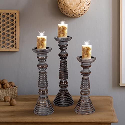 Rustic Candle Holder Set of 3 – 10", 8", 6" – Burnt Finish Wooden Pillar Stands for Wedding, Party, Home Décor, Spa – Country Style Gift for Table Centerpiece - Image 3