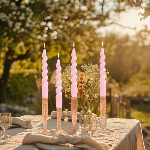 MAITREYA Pink Spiral Taper Candles - Handmade Twisted Conical Candles, Set of 4 for Decoration, Weddings, Parties, Church - Unscented, Dripless, 7.5 inch (Baby Pink) - Image 3