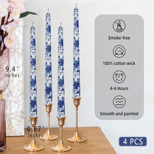 Floral Candle Sticks Printed Candlestick,Gedengni Set of 4 Spiral Taper Candle Long Twisted Candlesticks 10 inches Blue Flower Tapered Candles for Home Wedding Holiday Party (8D4T-BLUWHT) - Image 4